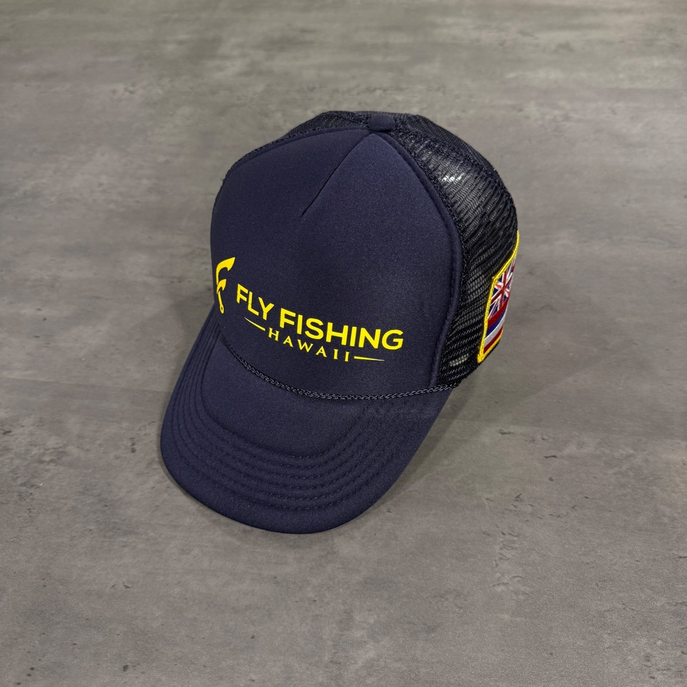 Fly Fishing Hawaii Snapback Trucker Hat Mens Navy Blue Mesh Hawaii Flag Patch